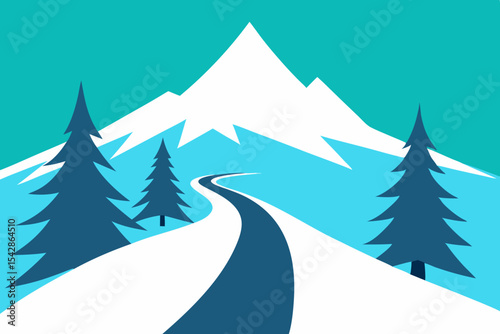 Winding Road to Snowy Mountain Peak A Serene Winter Landscape Illustration