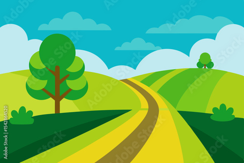 Serene Countryside Winding Road Through Lush Green Hills and Rolling Fields