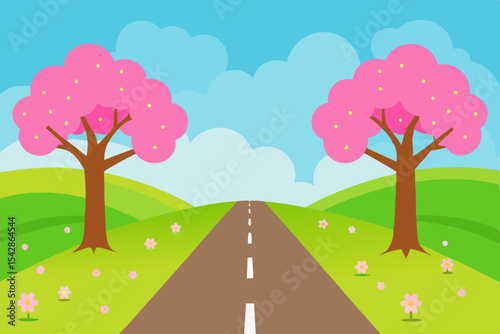 Serene Spring Landscape Road Through Cherry Blossoms