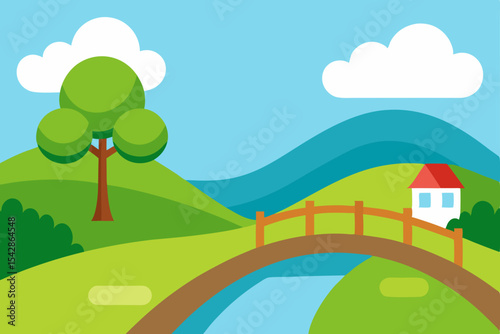 Charming Countryside Landscape Rolling Hills, Bridge, and Quaint House Illustration