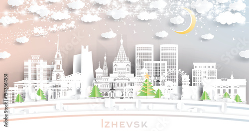 Izhevsk. Russia. Winter city skyline in paper cut style with snowflakes, moon and neon garland. Christmas and new year. Santa Claus on sleigh. Izhevsk cityscape with landmarks.