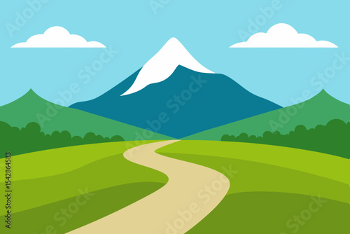 Serene Mountain Landscape Winding Path to Majestic Peak Illustration