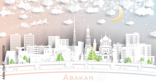 Abakan. Russia. Winter city skyline in paper cut style with snowflakes, moon and neon garland. Christmas and new year. Santa Claus on sleigh. Abakan cityscape with landmarks. Illustration.