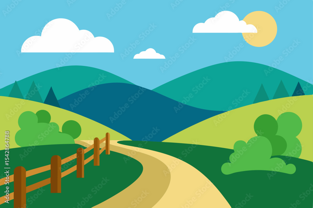 Obraz premium Serene Countryside Landscape Winding Road, Rolling Hills, and Sunny Skies
