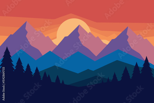 Majestic Mountain Sunset A Vibrant Landscape Illustration