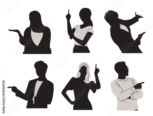 Set of vector silhouettes of diverse people standing and pointing to the side or up. Black solid figures isolated on white, perfect for infographics, presentations, signs, and web design