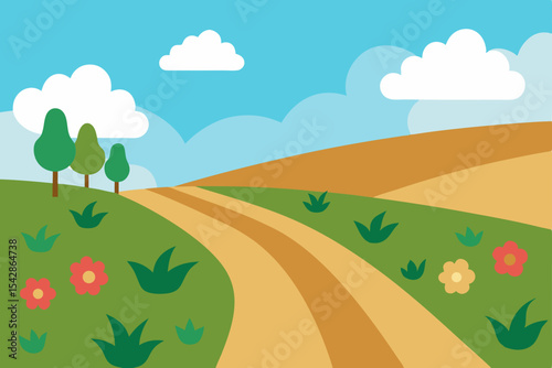 Serene Countryside Rolling Hills, Winding Roads, and Blooming Flowers