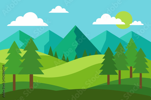 Serene Mountain Landscape Picturesque Hills, Lush Green Trees, and a Sunny Sky