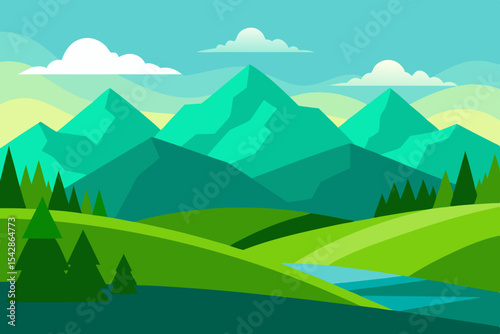 Serene Mountain Landscape A Vibrant Green Valley Illustration