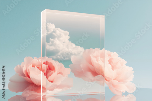 abstract background, Glass Cube with Pink Flowers and Reflected Clouds