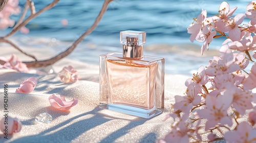 sweet aesthetic perfume bottle with matte peach surface nestled on fine white sand, soft morning light casting gentle diagonal shadows, surrounded by sugar-pink floral petals and beach glass