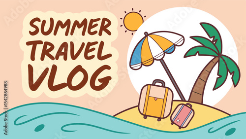 Illustration of summer travel vlog scene with beach, palm tree, sun, umbrella and travel suitcases design