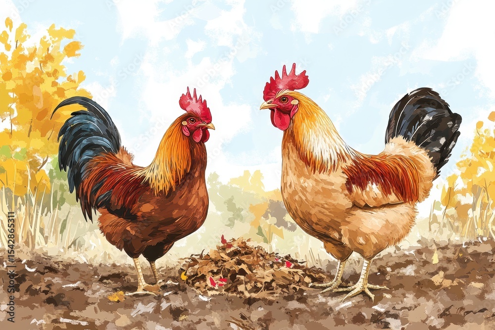 Fototapeta premium Rooster and chicken searching for food in the garden during daytime, rooster and chicken looking for food raking the ground