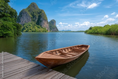 A wooden boat rests by a wooden dock on a serene body of water with lush green mountains in the background under a partly cloudy sky