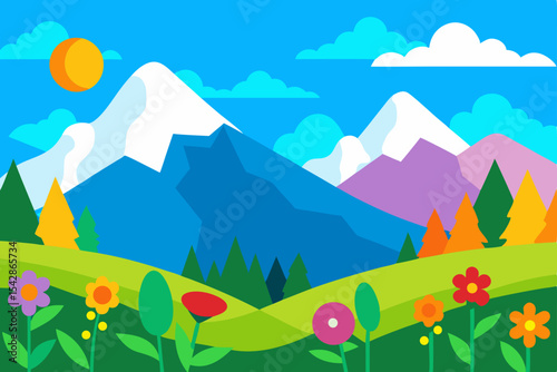 Vibrant Mountain Landscape A Colorful Springtime Scene of Majestic Peaks and Blooming Meadows