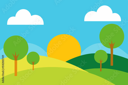 Serene Sunset Landscape Idyllic Hills, Lush Trees, and Peaceful Sky