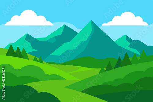 Serene Mountain Landscape Lush Green Hills and Majestic Peaks