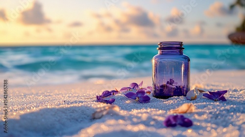 minimalist mockup of a matte lavender bottle half-buried in white sand, surrounded by orchid petals, ocean horizon blurred in background, diagonal light streaking softly across scene