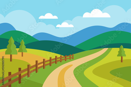 Serene Countryside Vista Rolling Hills, Winding Road, and Wooden Fence