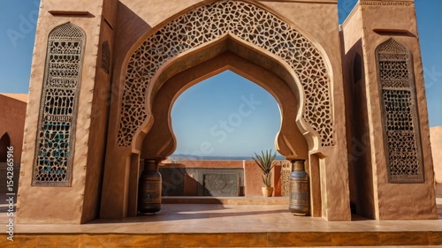 Moroccan archway stage with decorative lanterns.