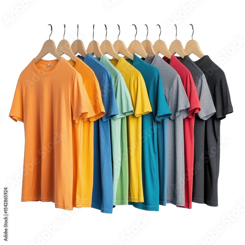Vibrant collection of t shirts hanging on a rack, showcasing various colors in a neat arrangement, T shirt clothing shirts hanging laundry isolated clean Transparent background