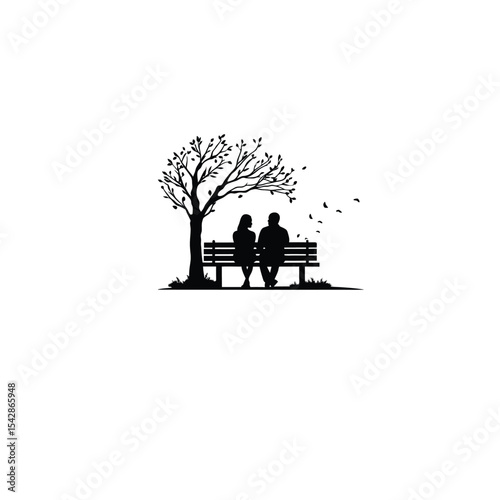 Silhouette of a couple sitting on a park bench, watching the sunset on white background