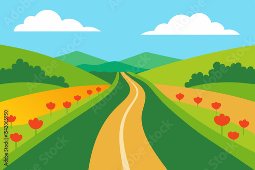 Serene Countryside Road A Journey Through Rolling Hills and Blossoming Fields