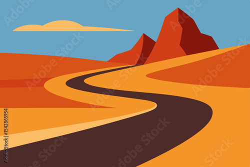 Desert Road Trip Winding Path Through Scenic Mountains and Dunes