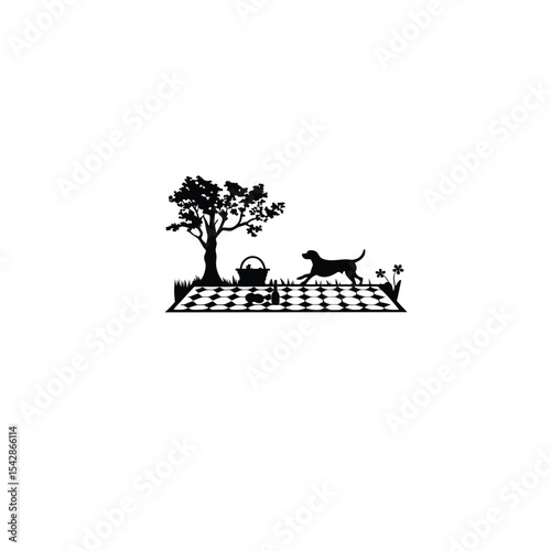 Silhouette of a dog running around a picnic scene on white background