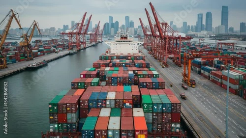 Wallpaper Mural Cargo Ship Docks at a Busy Port City Torontodigital.ca