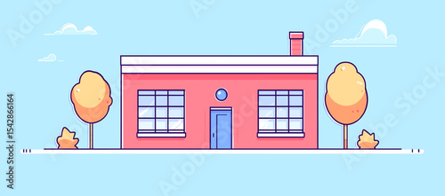 Cartoon pink building with blue door, windows, and trees on either side