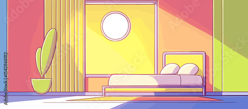 Cartoon bedroom interior with potted plant, bed, and round window, bathed in warm light