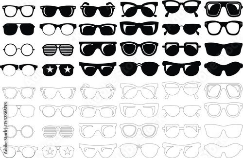 Sunglasses vector icon set for fashion accessory design summer eyewear style and sun protection Men and women glasses. hipster frame, fashion black plastic rims. Trendy Optics, modern shade graphic