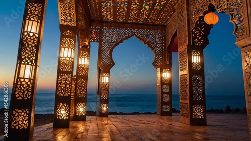 Moroccan archway stage with decorative lanterns.