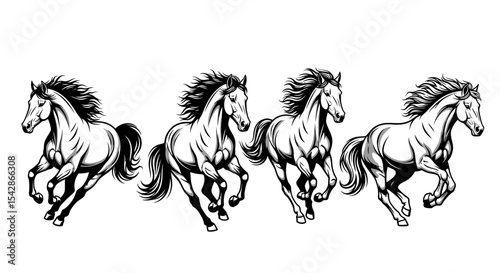 Four Black and White Horses in Full Gallop, Dynamic Pose, Vintage Style Illustration