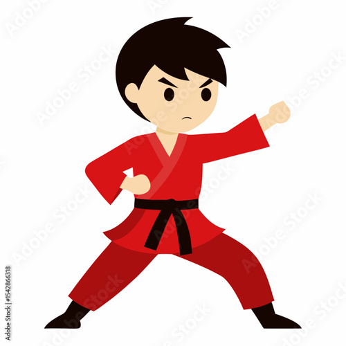 Martial Arts Young Karate Kid in Red Gi, Powerful Stance