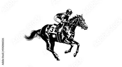 Black and White Horse Racing Illustration with Jockey and Number 3