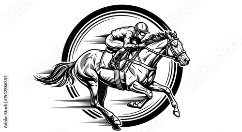 Black and White Jockey and Horse in Motion, Vintage Style Illustration