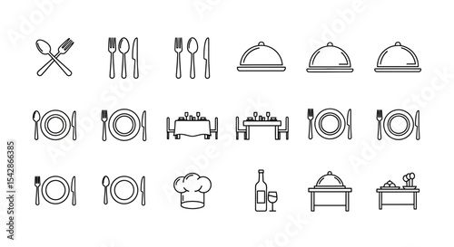 Black and White Restaurant Icon Set with Table Settings and Food Service