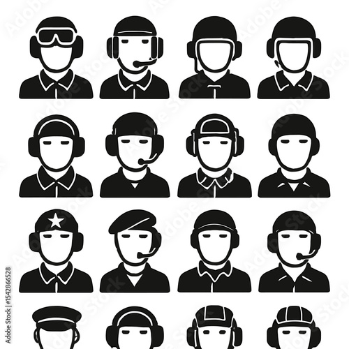 Diverse collection of stylized military personnel icons in black and white