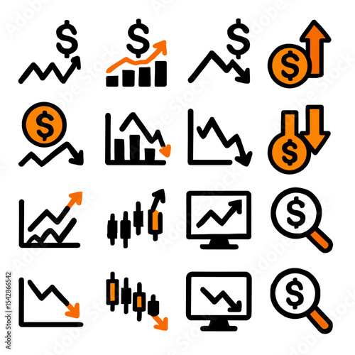 Hand-Drawn Financial Icons: Fluctuating Markets, Growth, Loss, and Investment Analysis