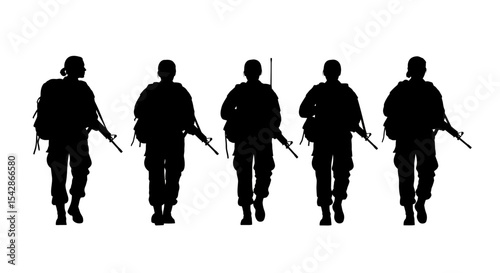 Silhouette of Five Soldiers Walking with Rifles and Backpacks in Formation