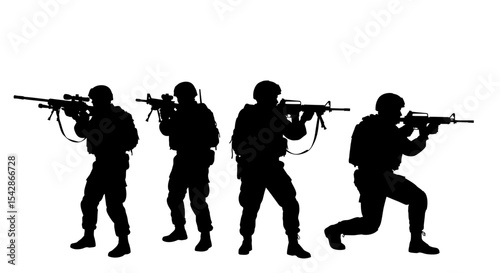Silhouette of Four Armed Soldiers in Tactical Positions, Isolated
