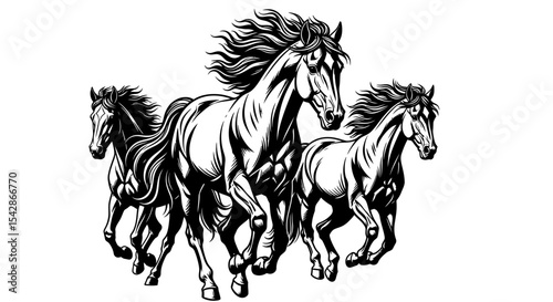 Dynamic Black and White Horses Running in Vector Art Style