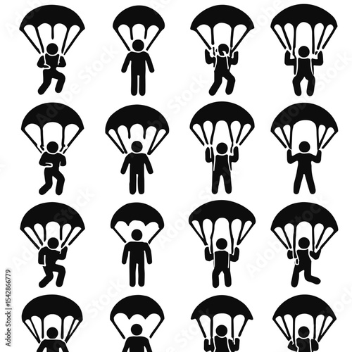 Silhouetted Skydivers in Various Poses Descending Under Parachutes, Black and White.