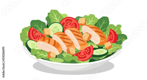 Fresh Chicken Salad Bowl with Lettuce, Tomato, Cucumber and Croutons