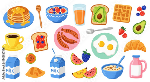 Colorful Cartoon Collection of Various Breakfast Foods