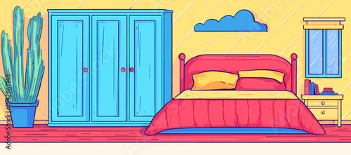 Vibrant Bedroom Scene with Blue Armoire and Red Bed