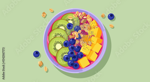 Colorful Fruit and Granola Bowl with Kiwi, Mango, and Blueberries