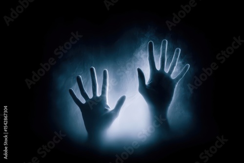 A pair of hands are shown in a dark room with a blue light shining on them